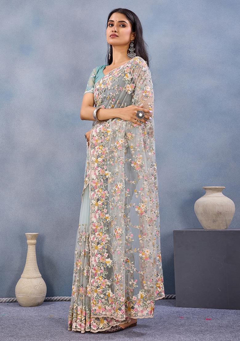 Sea Green Zari Work Net Saree Set - Indya