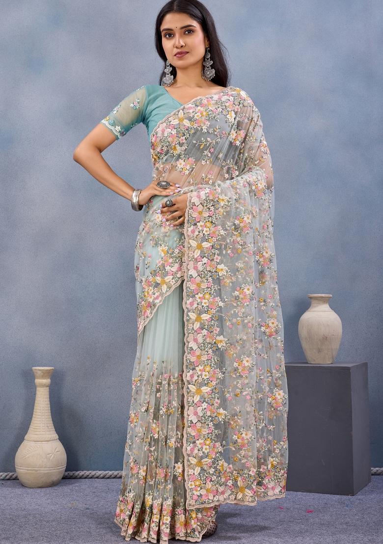 Sea Green Zari Work Net Saree Set - Indya