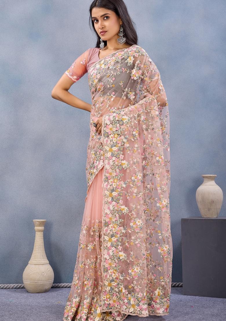 Peach Zari Work Net Saree Set - Indya