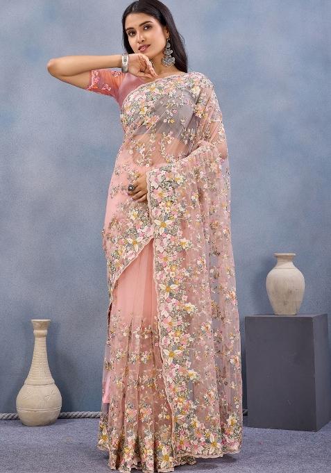 Peach Zari Work Net Saree Set