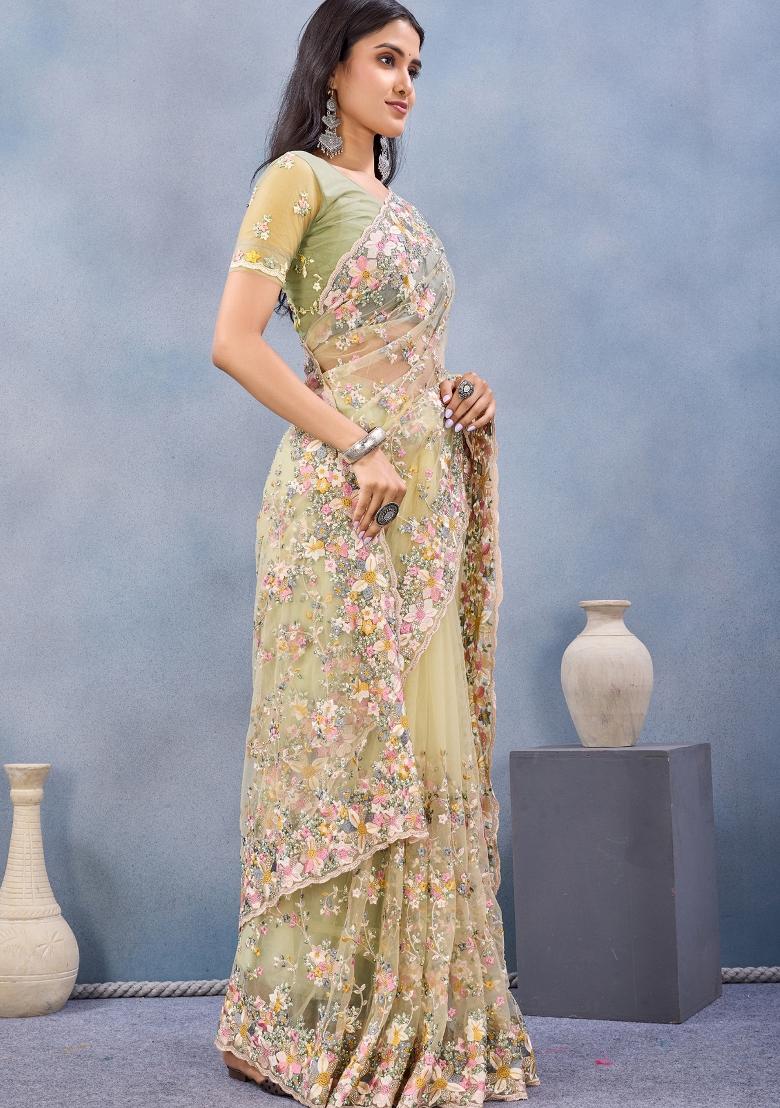 Lemon Yellow Zari Work Net Saree Set - Indya