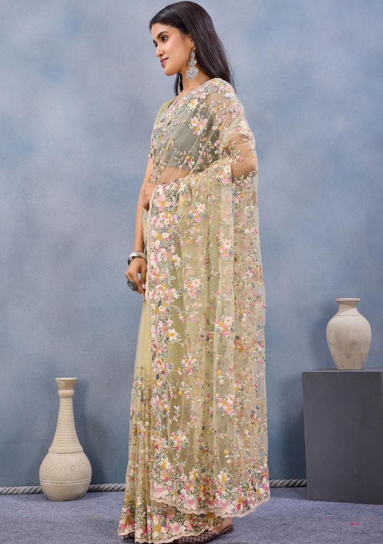 Lemon Yellow Zari Work Net Saree Set - Indya