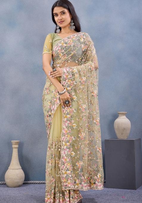 Lemon Yellow Zari Work Net Saree Set