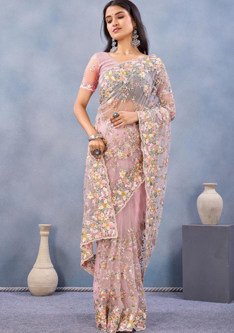 Pink Zari Work Net Saree Set - Indya