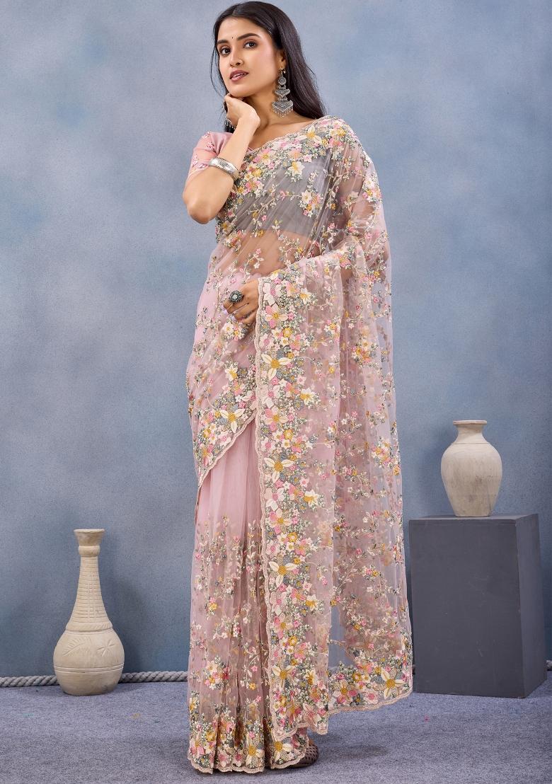 Pink Zari Work Net Saree Set - Indya