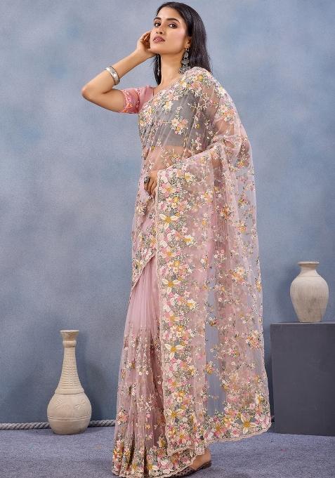 Pink Zari Work Net Saree Set