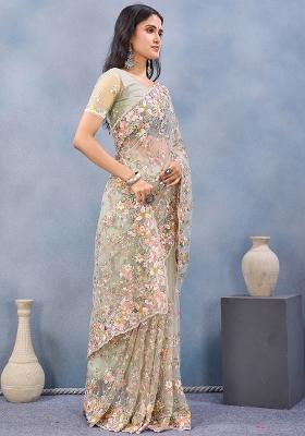 Pista Green Zari Work Net Saree Set