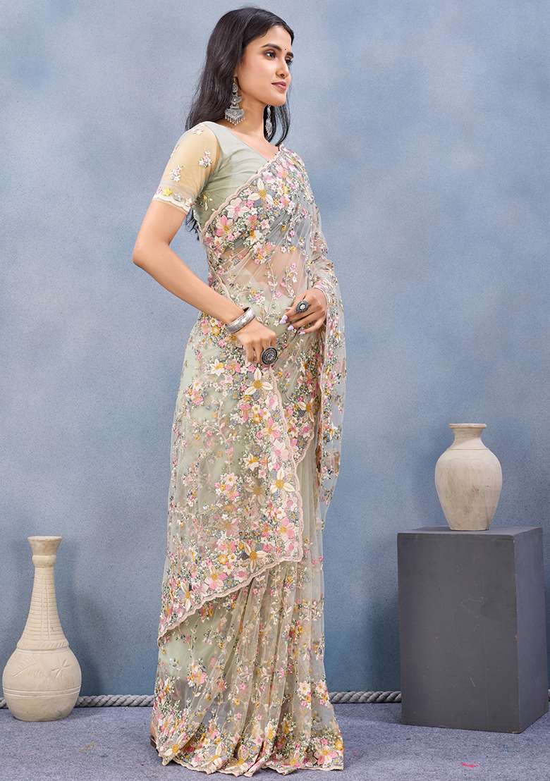 Pista Green Zari Work Net Saree Set - Indya