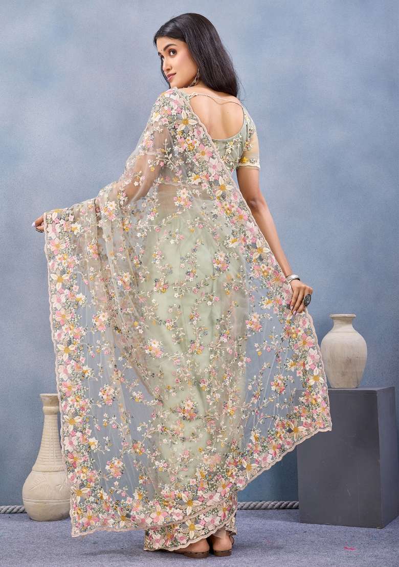 Pista Green Zari Work Net Saree Set - Indya