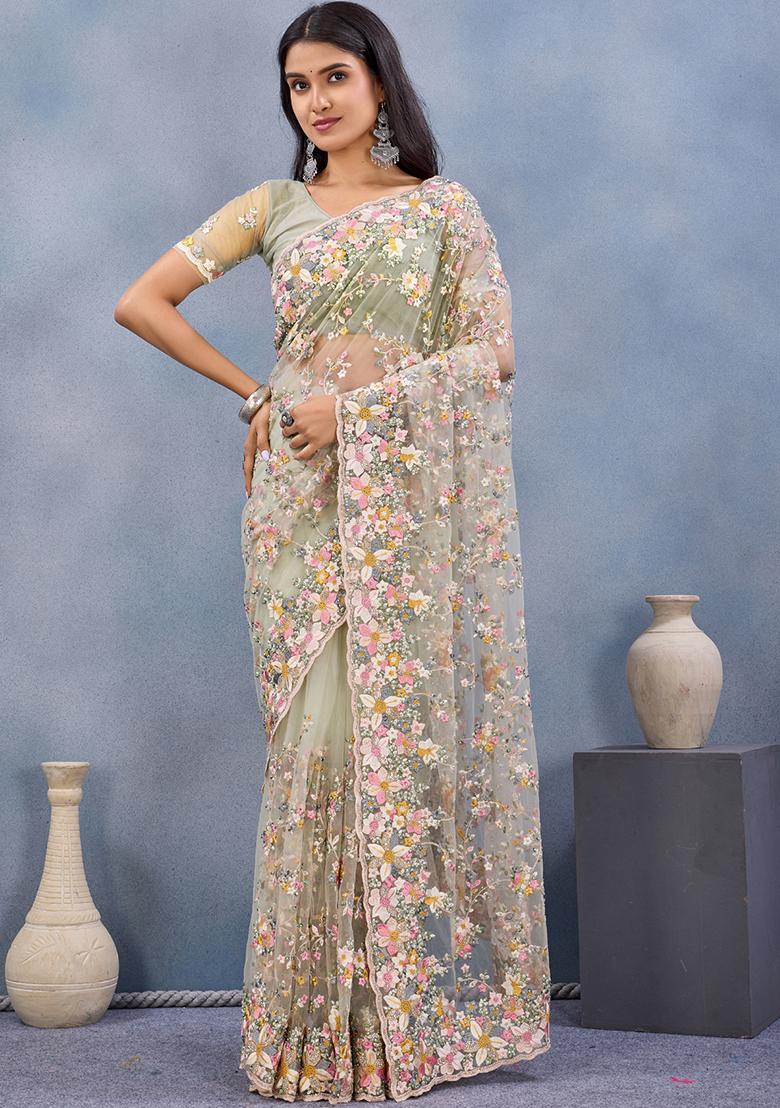 Pista Green Zari Work Net Saree Set - Indya