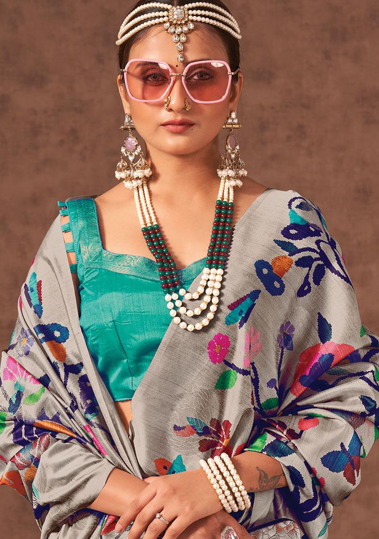 Grey Weaving Tussar Saree Set - Indya