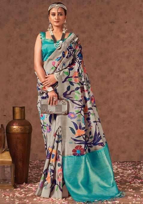 Grey Weaving Tussar Saree Set
