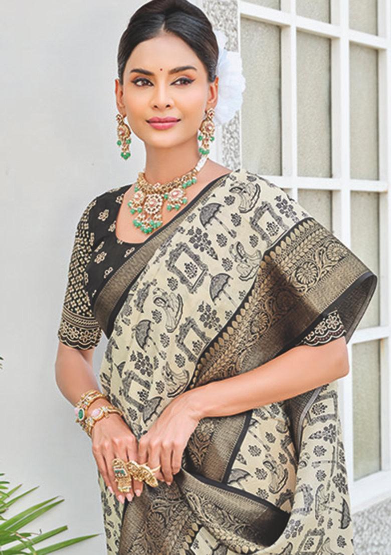 Cream Embroidered Silk Blend Saree Set - Indya