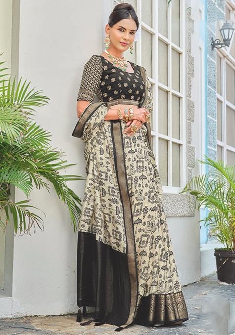 Cream Embroidered Silk Blend Saree Set