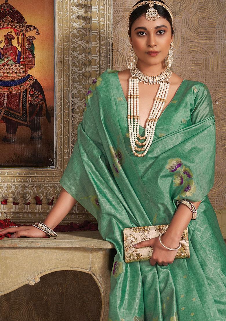 Rama Green Weaving Tussar Saree Set - Indya