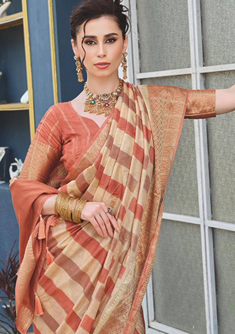 Dusty Peach Printed Silk Blend Saree Set - Indya