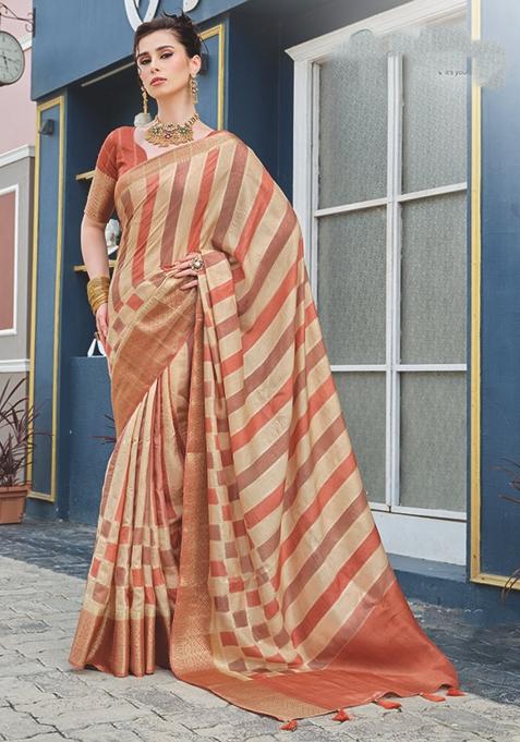 Dusty Peach Printed Silk Blend Saree Set