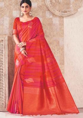Orange And Rani Weaving Cotton Saree Set