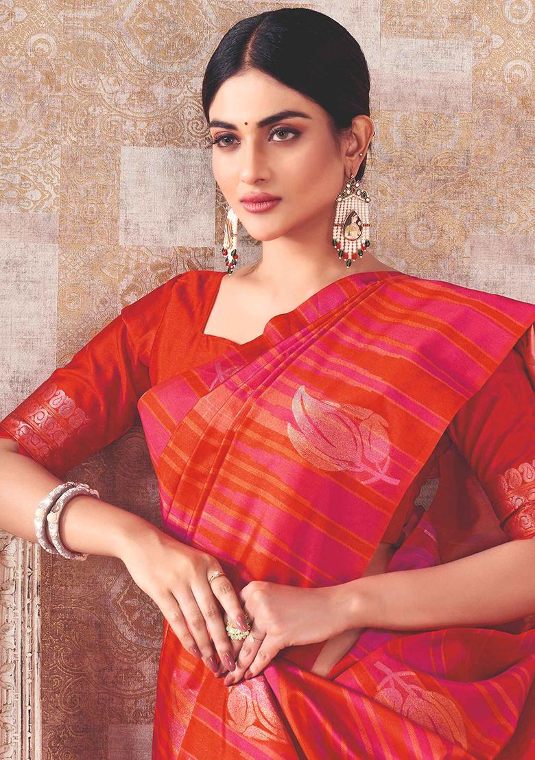 Orange And Rani Weaving Cotton Saree Set - Indya
