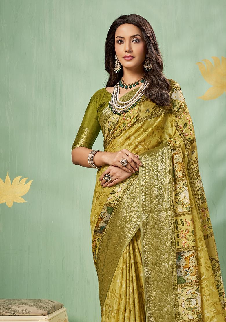Mustard Green Printed Silk Blend Saree Set - Indya