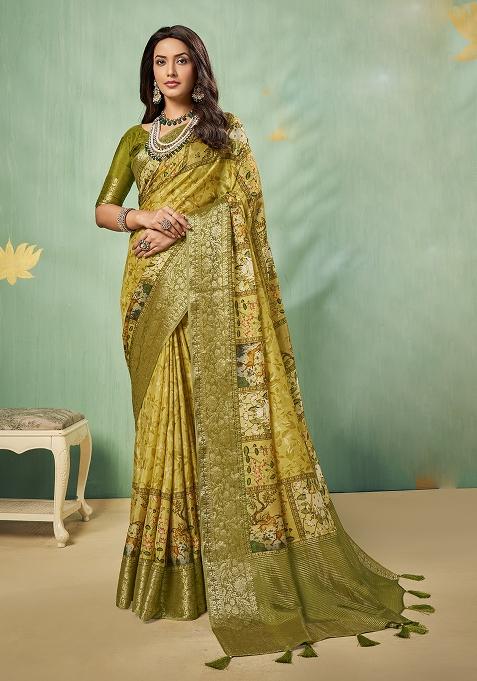 Mustard Green Printed Silk Saree Set