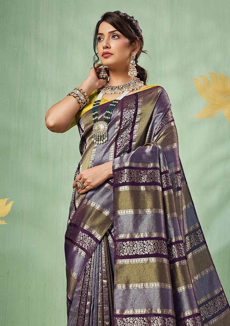 Wine Weaving Tissue Saree Set - Indya