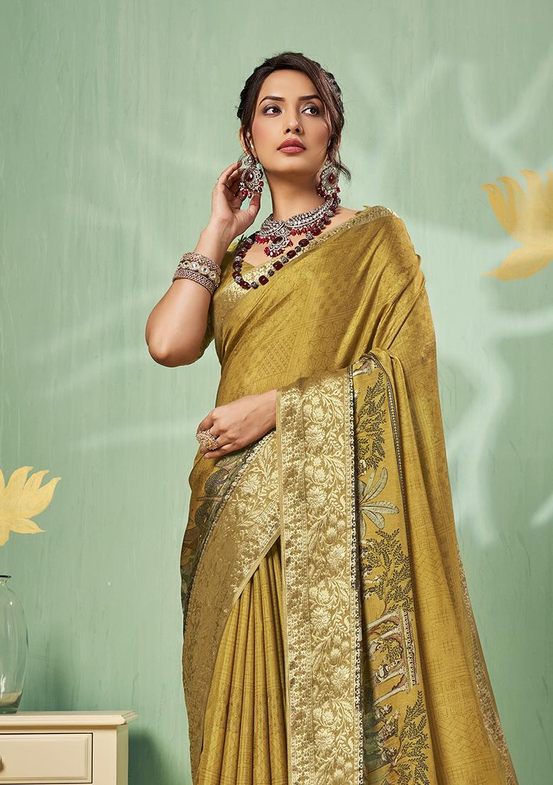 Mustard Printed Silk Blend Saree Set - Indya