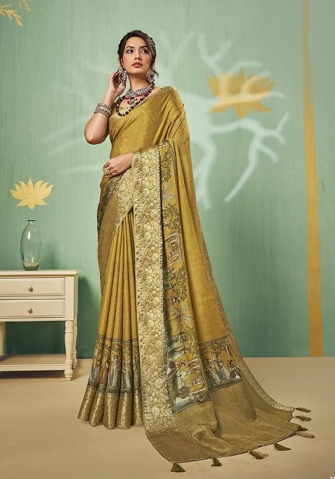 Mustard Printed Silk Saree Set