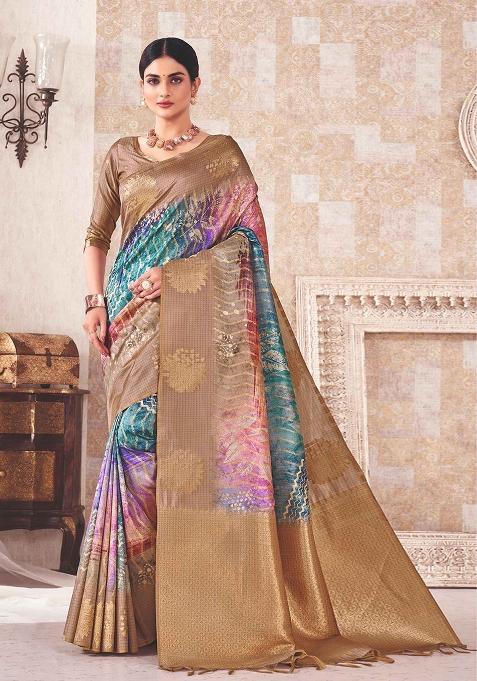 Coffee Printed Cotton Saree Set