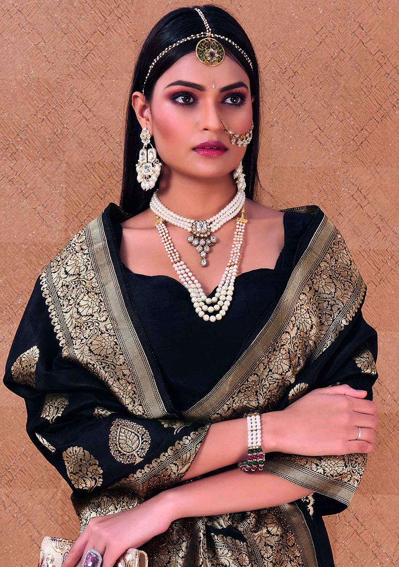Black Weaving Silk Blend Saree Set - Indya