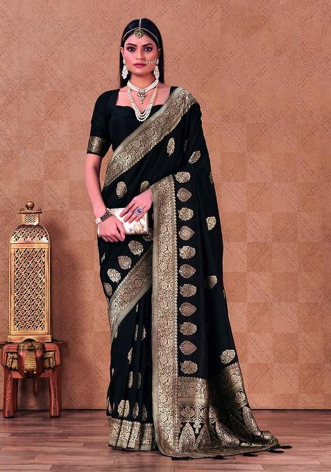 Black Weaving Silk Blend Saree Set