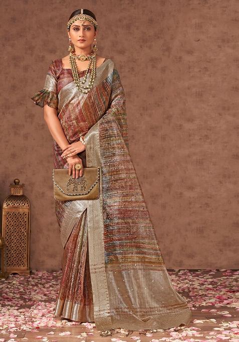 Multicolor Printed Tissue Saree Set