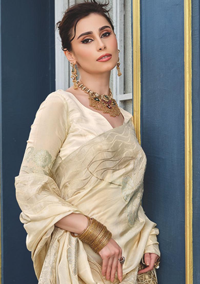 Cream Weaving Silk Blend Saree Set - Indya
