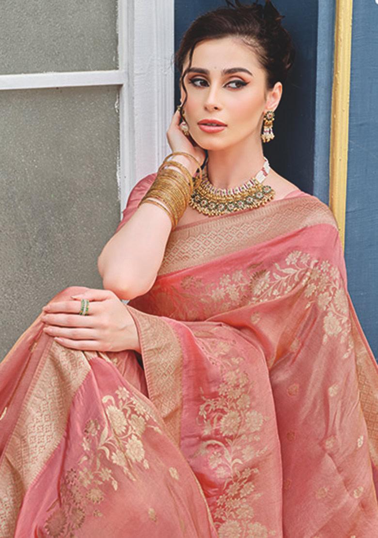 Peach Weaving Silk Blend Saree Set - Indya
