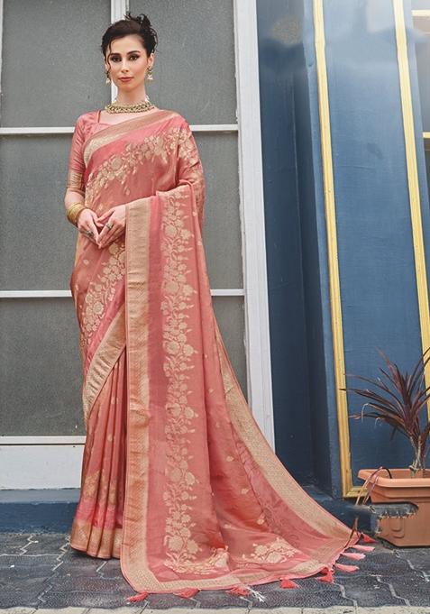 Peach Weaving Silk Saree Set