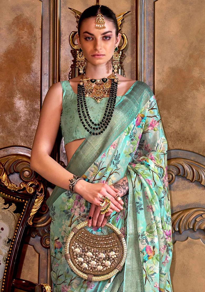 Sea Green Rama Printed Silk Blend Saree Set - Indya