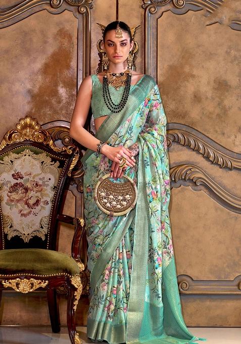 Sea Green Rama Printed Silk Blend Saree Set