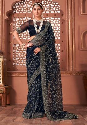 Navy Blue Embroidered Organza Saree Set