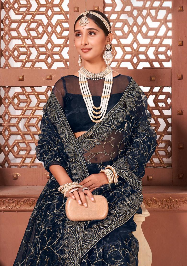 Navy Blue Embroidered Organza Saree Set - Indya