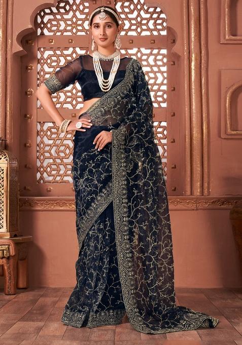 Navy Blue Embroidered Organza Saree Set