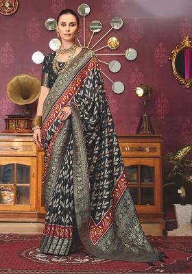 Black Printed Silk Blend Saree Set