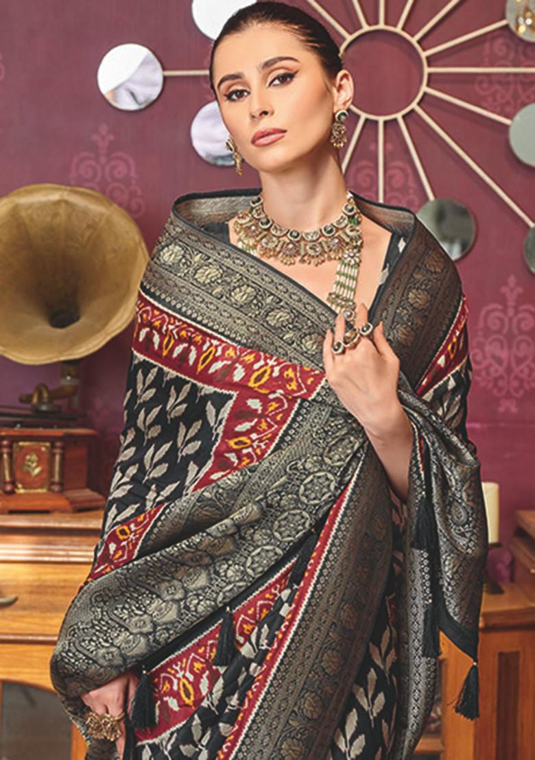 Black Printed Silk Blend Saree Set - Indya