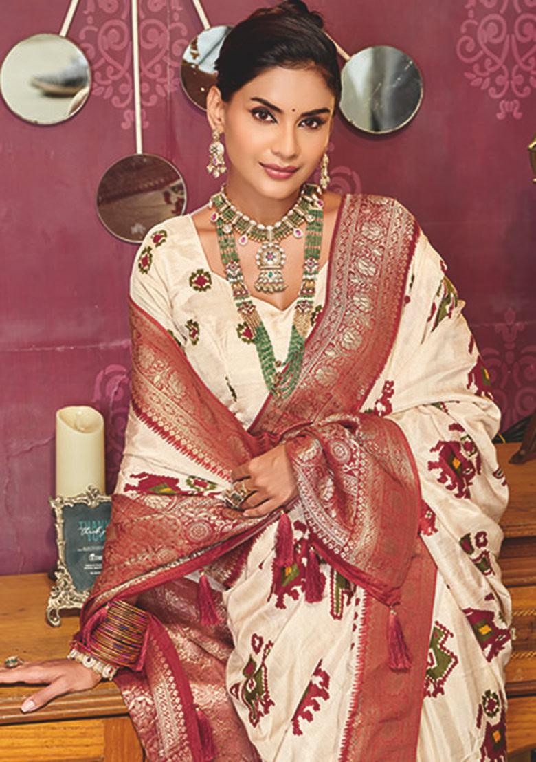 Cream Printed Silk Blend Saree Set - Indya
