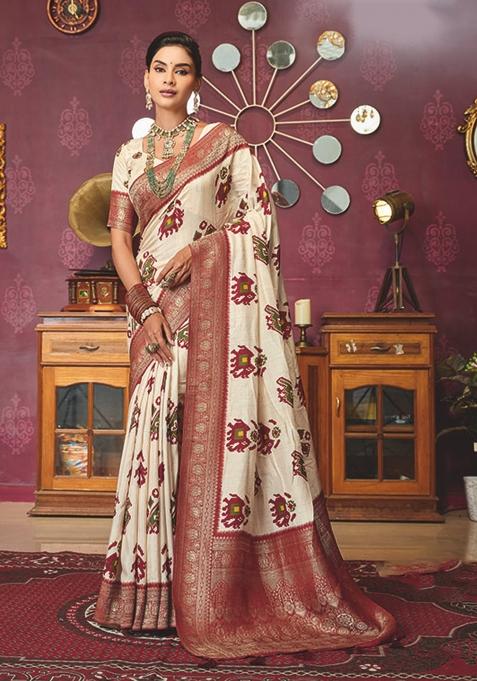 Cream Printed Silk Blend Saree Set