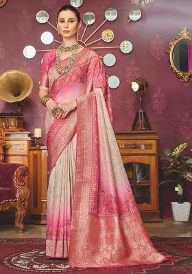 Cream And Pink Printed Silk Blend Saree Set