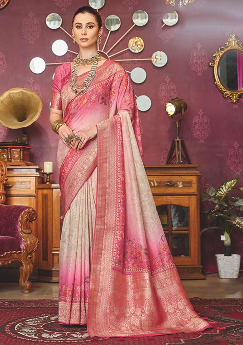 Cream And Pink Silk Blend Saree Set with Printed for Diwali | Wedding & Festive Wear - Indya