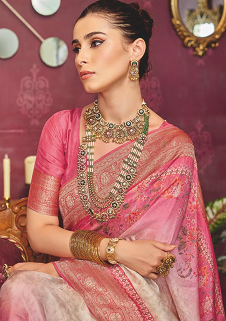 Cream And Pink Printed Silk Blend Saree Set - Indya