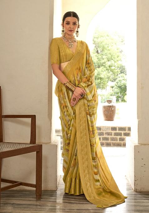 Mustard Printed Silk Saree Set