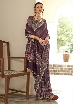 Wine Printed Silk Blend Saree Set