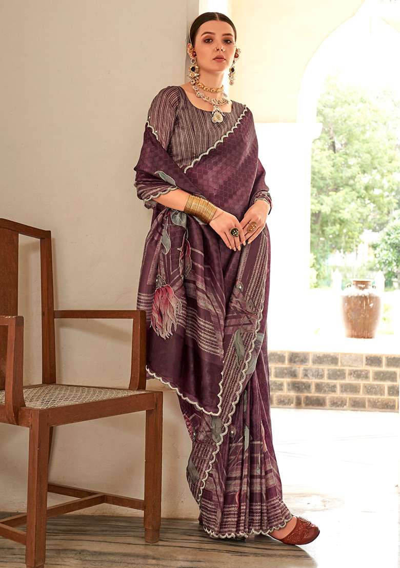 Wine Silk Blend Saree Set with Printed for Diwali | Wedding & Festive Wear - Indya